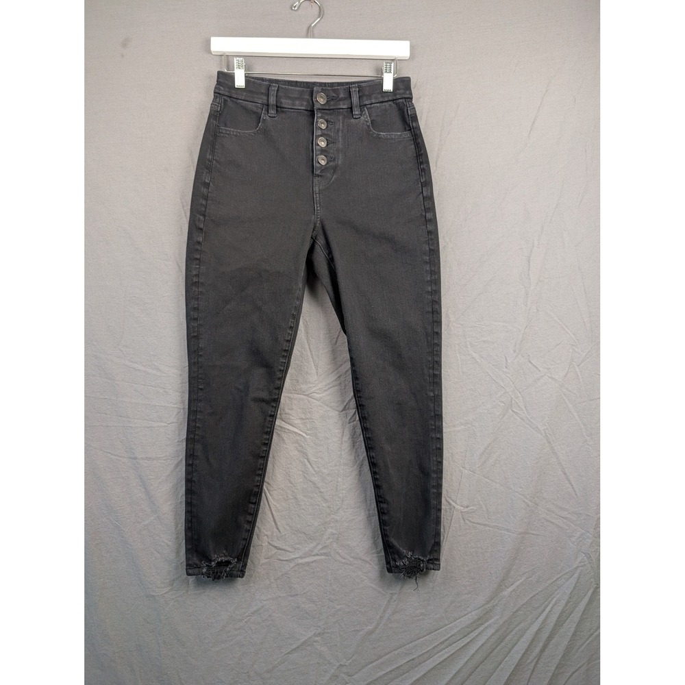 American Eagle Curvy Hi-Rise Jegging Black Button Fly Distressed Hem Jeans 4R